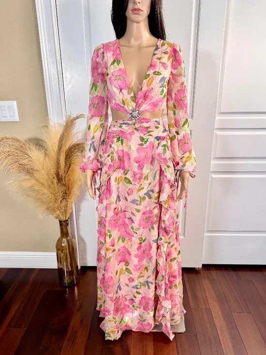 LONG SLEEVE PINK FLORAL MAXI DRESS WITH RUFFLES AND CUTOUT - Picture 7 of 17